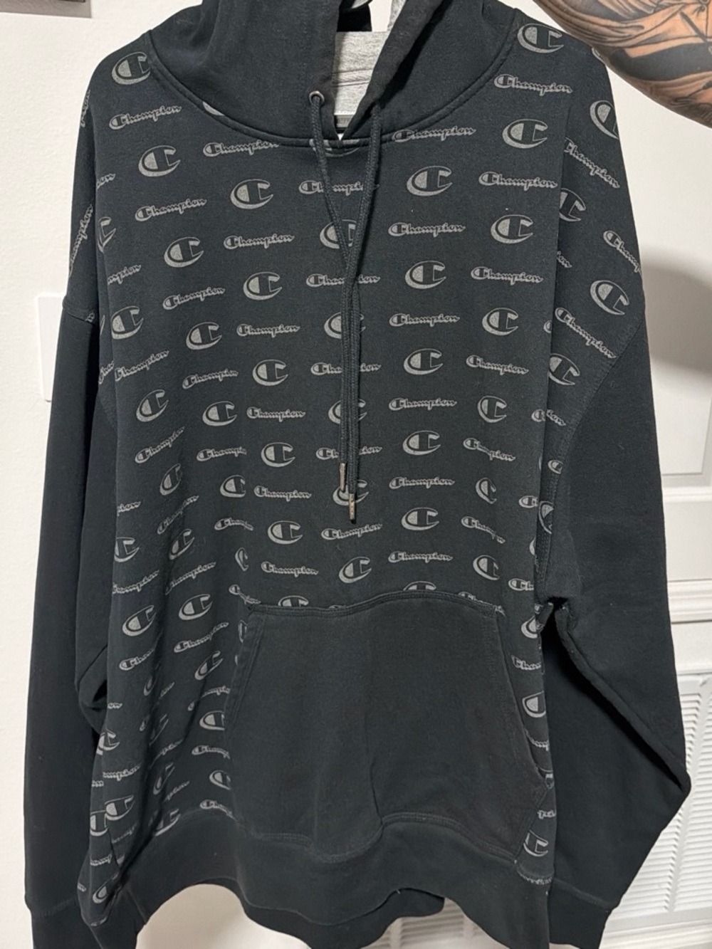 Champion Black All-Over Logo Crewneck Hoodie